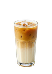 Iced coffee in glass with milk swirling. Refreshing beverage, perfect for hot days