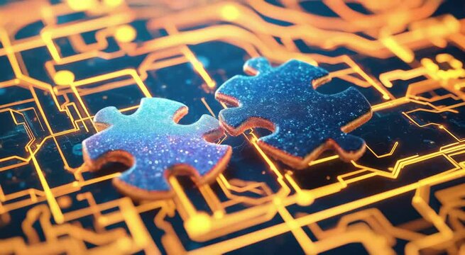 Digital representation of API integration concept with two interlocking puzzle pieces against a futuristic tech-inspired abstract background, symbolizing connectivity and interoperability