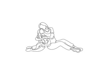 Mother and child hugs outline drawing illustration. Continuous line draw of mothers day vector