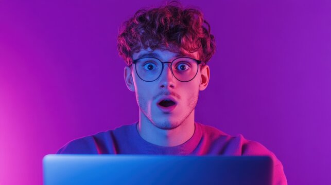 Shocked man stares at screen