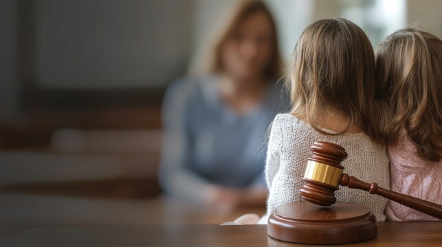 The image depicts a wooden gavel positioned on a table, with two children and a woman visible in the blurred background, representing the concept of child custody