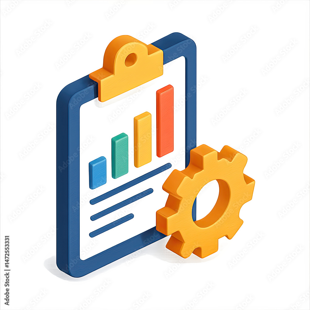Poster isometric illustration of a clipboard with a bar graph and a gear signifying process optimization an