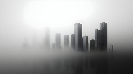 Fototapeta premium Skyscrapers shrouded in fog creating an atmospheric urban landscape.