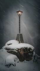 A solitary lantern glowing amidst a snowy, winter storm on top of a large boulder. The lantern stands tall, illuminating the falling snow.