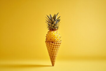 Pineapple fruit placed in ice cream cone against solid yellow background. Creative food concept showing tropical flavor in minimalist style.