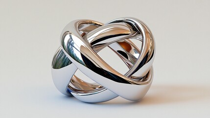 A polished, chrome-like, intertwined ring design, showcasing intricate knots and curves