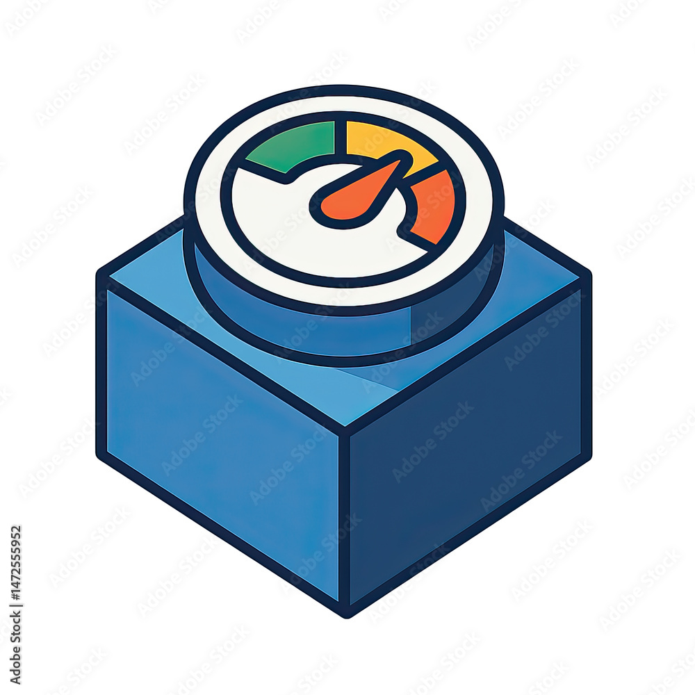 Poster isometric illustration of a blue gauge meter showing performance level a 3d cube displays key perfor