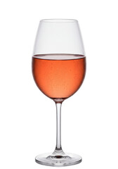 A glass of chilled ros&eacute; wine, bubbles visible against a black background, elegant and refined