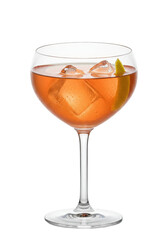 Clear glass with orange cocktail, ice cubes, and lemon twist on a black background