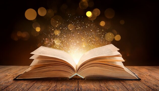 image of open antique book on wooden table with glitter overlay