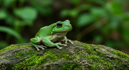 Fototapeta premium Vibrant green tree frog calmly sits on mossy rock bathed in soft sunlight. AI Generated