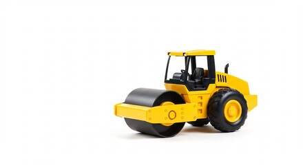 Naklejka premium Yellow toy road roller smoothly rolling on white background. AI Generated