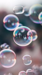 Naklejka premium Beautiful iridescent soap bubbles floating gracefully in the air, capturing reflections and colors.