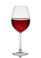 A perfect, tall glass with a rich, ruby red liquid on a black background, reflecting light