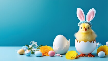 Obraz premium egg stand with flower in shell decorative chick with bunny ears and candy eggs on colorful white and blue background easter card copy space