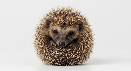 Obraz premium Cute hedgehog curls tightly in soft light against white background. AI Generated