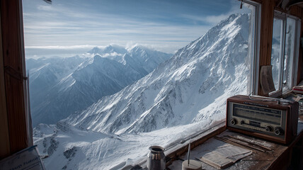 Old radio beside window showing distant snowy peaks 32k, full ultra hd, high resolution