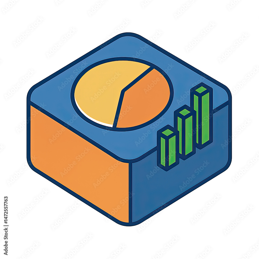 Poster isometric 3d cube graphic showing pie chart and bar graph data visualization business analytics