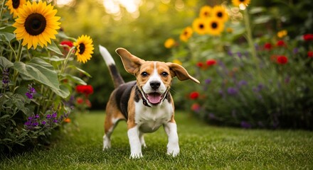 Happy beagle playfully runs through vibrant summer garden bathed in warm golden sunlight. AI Generated