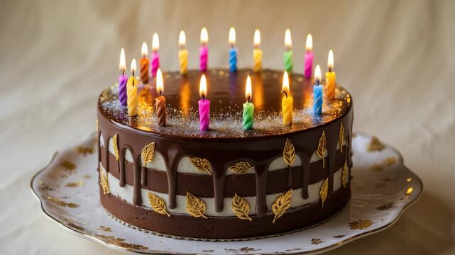 Chocolate birthday cake adorned with candles for celebration