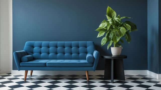 Big plant on a stool next to a comfy sofa and decorative tiles set within an indoor area.