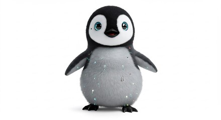 Obraz premium Adorable baby penguin stands subtly illuminated against pure white background. AI Generated