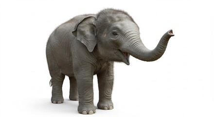 Obraz premium Playful baby elephant joyfully trumpets against bright white background. AI Generated