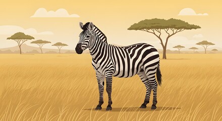 Zebra Standing in Tall Grass Savannah with Acacia Trees