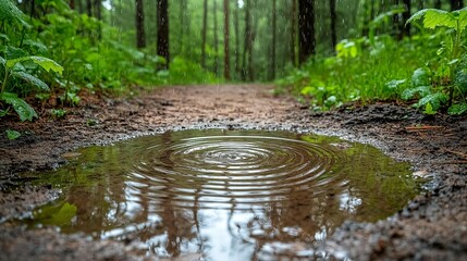 A small puddle on a forest path, with ripples spreading outward after a drop of water