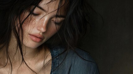 Close-up portrait of a young woman with long dark hair. she is resting her head on her hands and her eyes are closed, as if she is deep in thought.