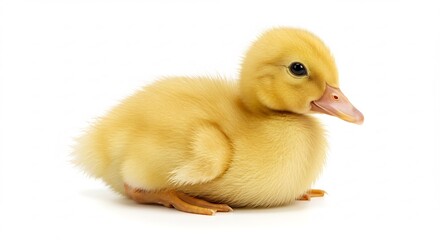 Adorable fluffy duckling sits peacefully against bright white background. AI Generated