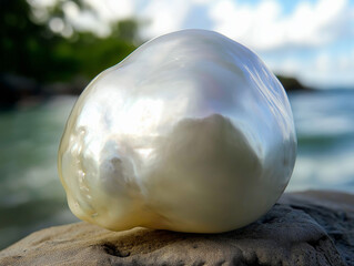polished baroque pearl placed on a natural stone surface, with a blurred outdoor background featuring greenery and water. The pearl has an irregular, organic shape