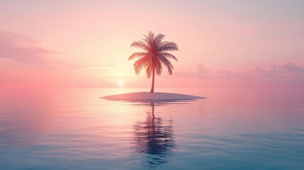 Obraz premium A solitary palm tree on a small island at sunset, reflecting in calm water. Soft pink hues dominate the scene