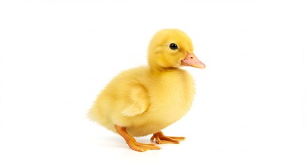 Fluffy yellow duckling poses softly against bright white background. AI Generated