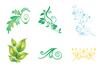 Fototapeta premium Nature Elements Design Set: This set of six vector illustrations features stylized leaves and vines in vibrant green, blue, and yellow hues.