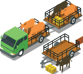 Isometric farm truck trailer carrying cows on a trailer cage
