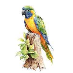 Fototapeta premium Colorful Parrot Sitting On A Wooden Log, Vector Illustration On A White Background.-Photoroom.Png on transparent background