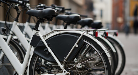 Row of White Bicycles Parked Neatly Along European City Street with Blurry Pedestrians and Soft Lighting