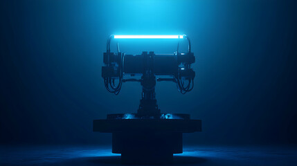 Fototapeta premium Futuristic device illuminated by blue light in a dark environment.