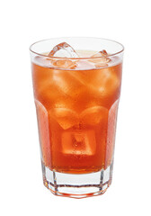 Iced tea with ice cubes is served in a glass with light condensation around it