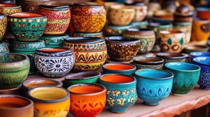 Fototapeta premium variety of handcrafted pottery displayed at local craft fair, showcasing artisans creativity and skill. vibrant colors and unique designs attract visitors