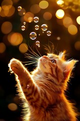 Happy Vibes animal Playful cat reaching for floating bubbles in a warm, glowing atmosphere.