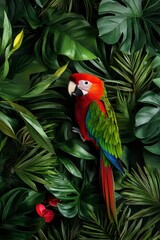 Fototapeta premium Happy Vibes animal Vibrant parrot nestled among lush green tropical leaves.