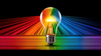 Creative light bulb innovation spectrum black background concept. A glowing light bulb radiates colorful beams against a dark background.