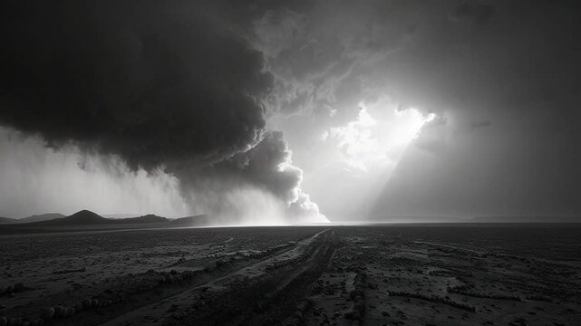 Powerful sandstorm landscape black and white footage