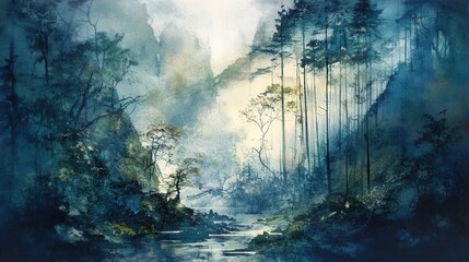 Tranquil Misty Forest Scene with Serene Stream and Lush Trees