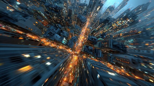 Nighttime aerial view of urban cityscape with illuminated buildings and motion trails creating a vibrant atmosphere