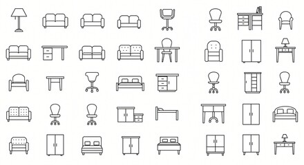 line art set of icons depicting furniture illustrations vectors symbols icons 