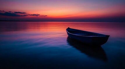 Naklejka premium Serene sunset over water with a solitary boat reflecting in the calm surface