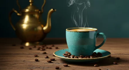  Steaming Teal Coffee Cup with Beans on Wooden Table and Blurred Golden Teapot Against a Dark Turquoise Background © abu